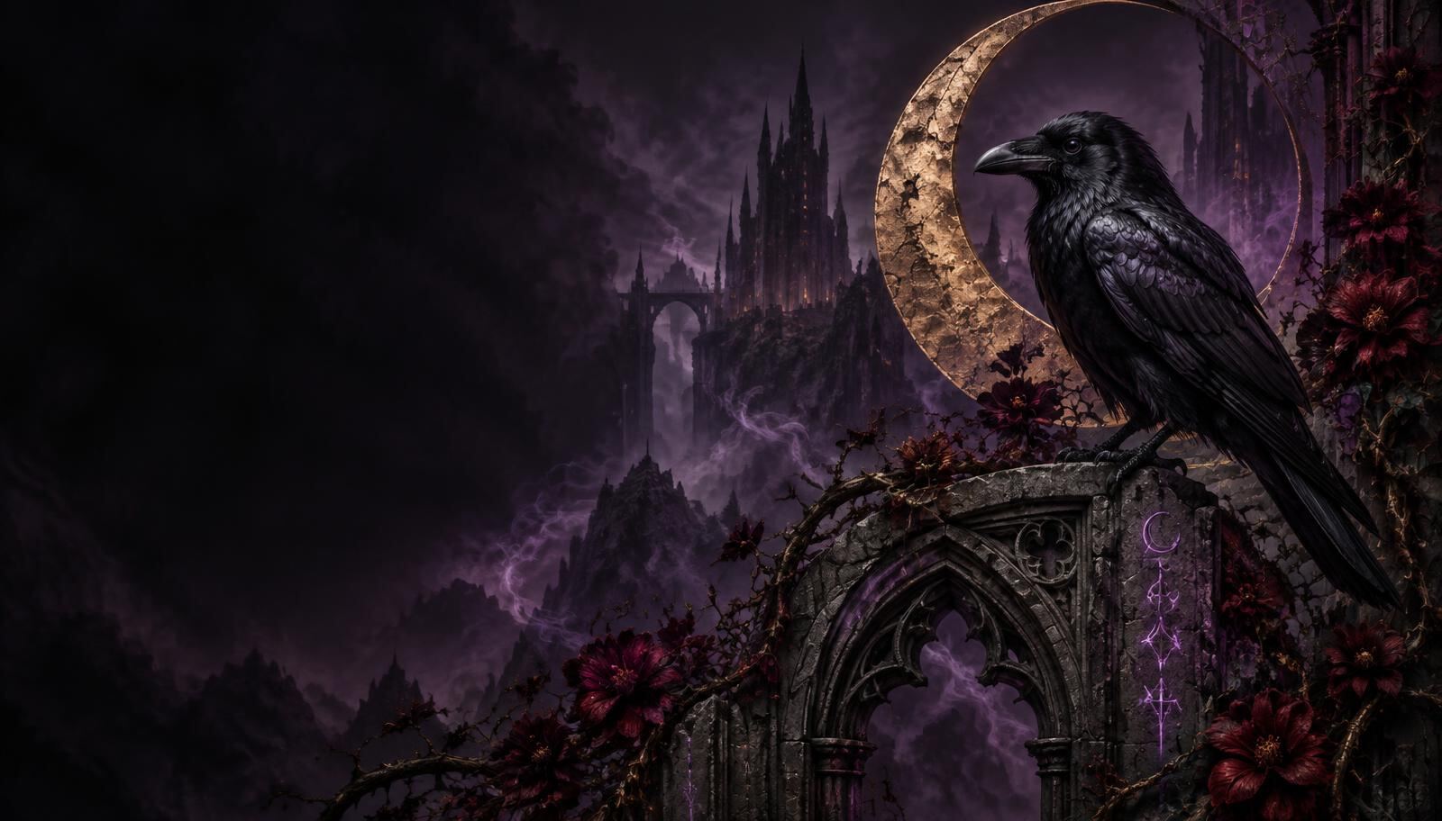 A glossy black raven perched on an ancient warded stone arch before a cracked gold crescent moon, violet runes glowing faintly.